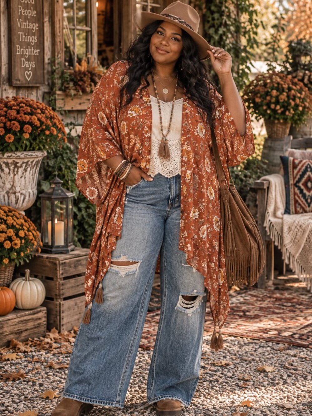 Knox Rose Rust Floral Boho Kimono Cardigan